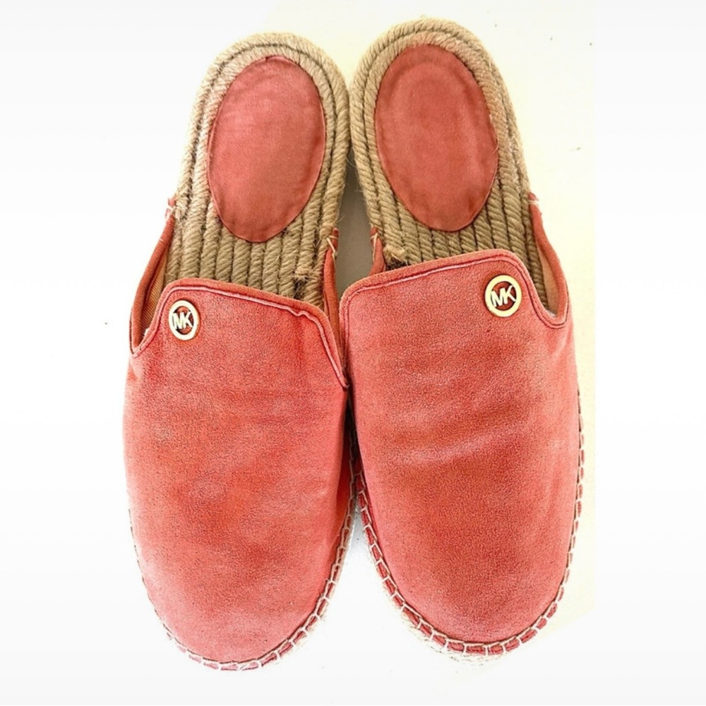 Michael Kors Coral Suede Espadrille Mules with Gold MK Accent